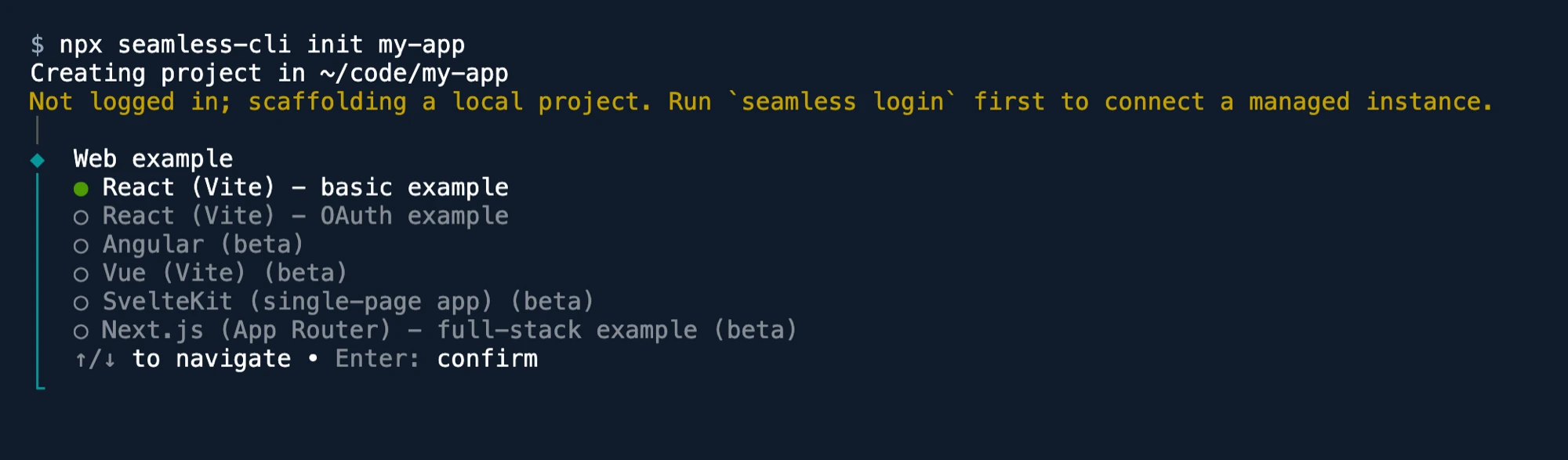 A terminal running npx seamless-cli init my-app, prompting for a web starter: React, Angular, Vue, SvelteKit or Next.js.