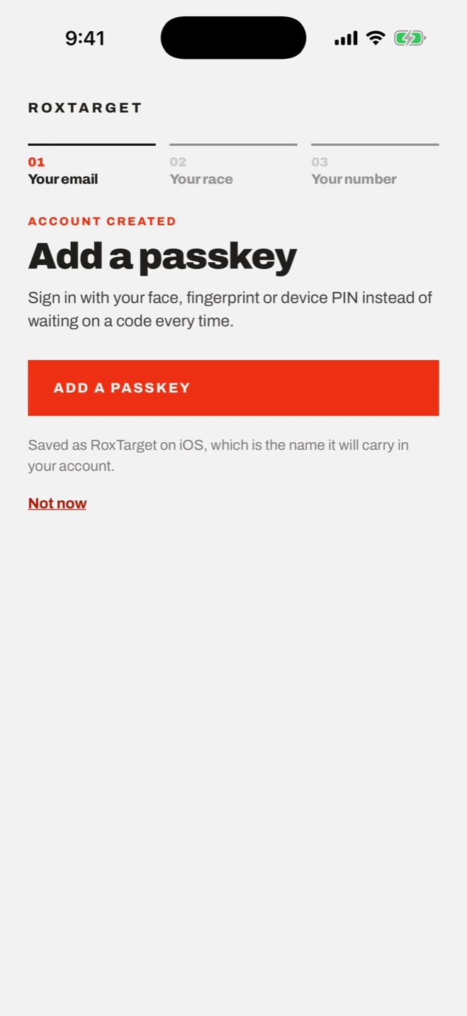 RoxTarget offering to add a passkey right after the account is created