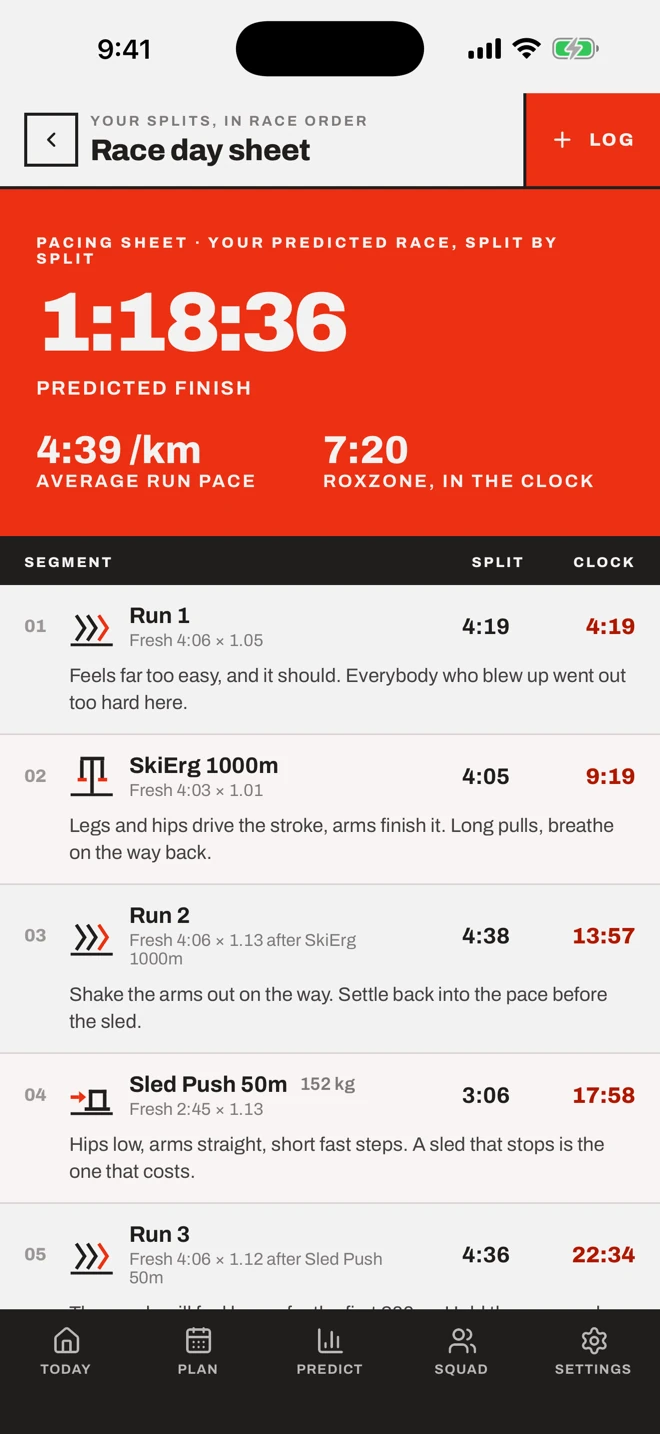 RoxTarget race day sheet on iPhone: pacing and split times in race order