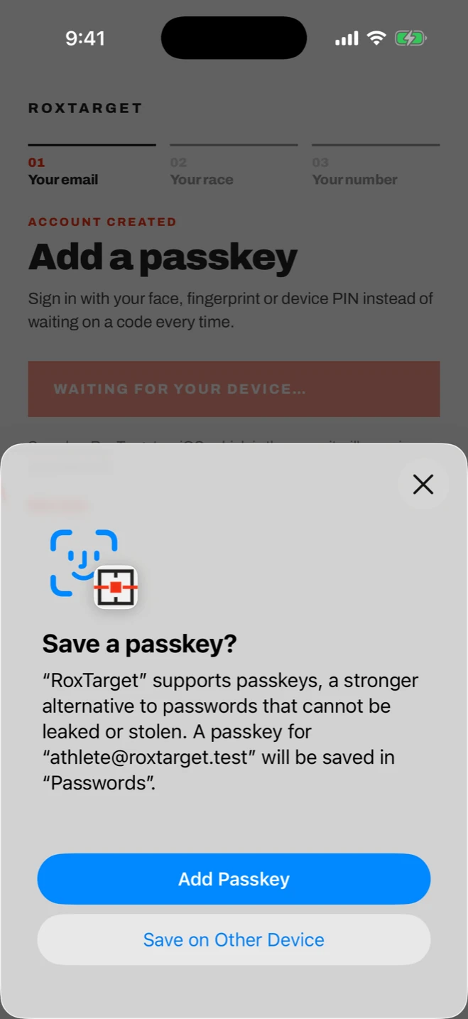 The iOS Save a passkey sheet with Face ID, shown over RoxTarget