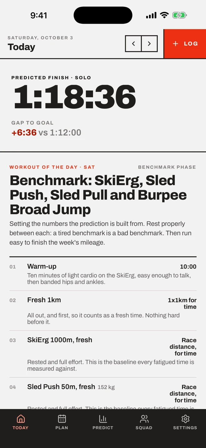 RoxTarget Today screen on iPhone: predicted finish time and the workout of the day